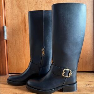 New Coach Madeline Knee High Black Leather Riding Boots with Brass Buckle